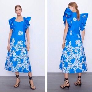 ZARA Blue‎ White Daisy Print Ruffle Sleeve Midi Dress Women's XS